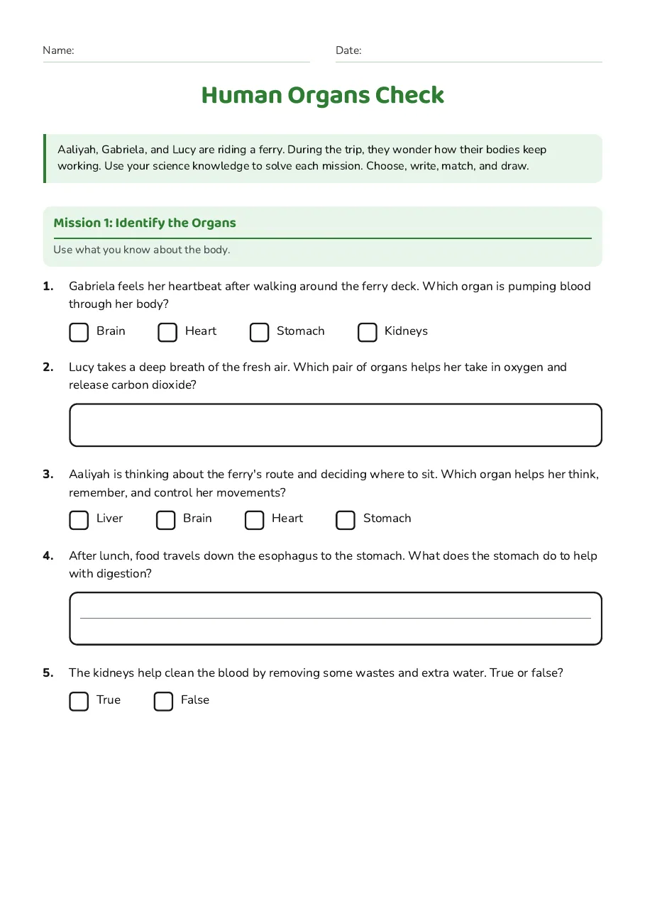 Human Organs Check, page 1 of 3: Mission 1: Identify the Organs