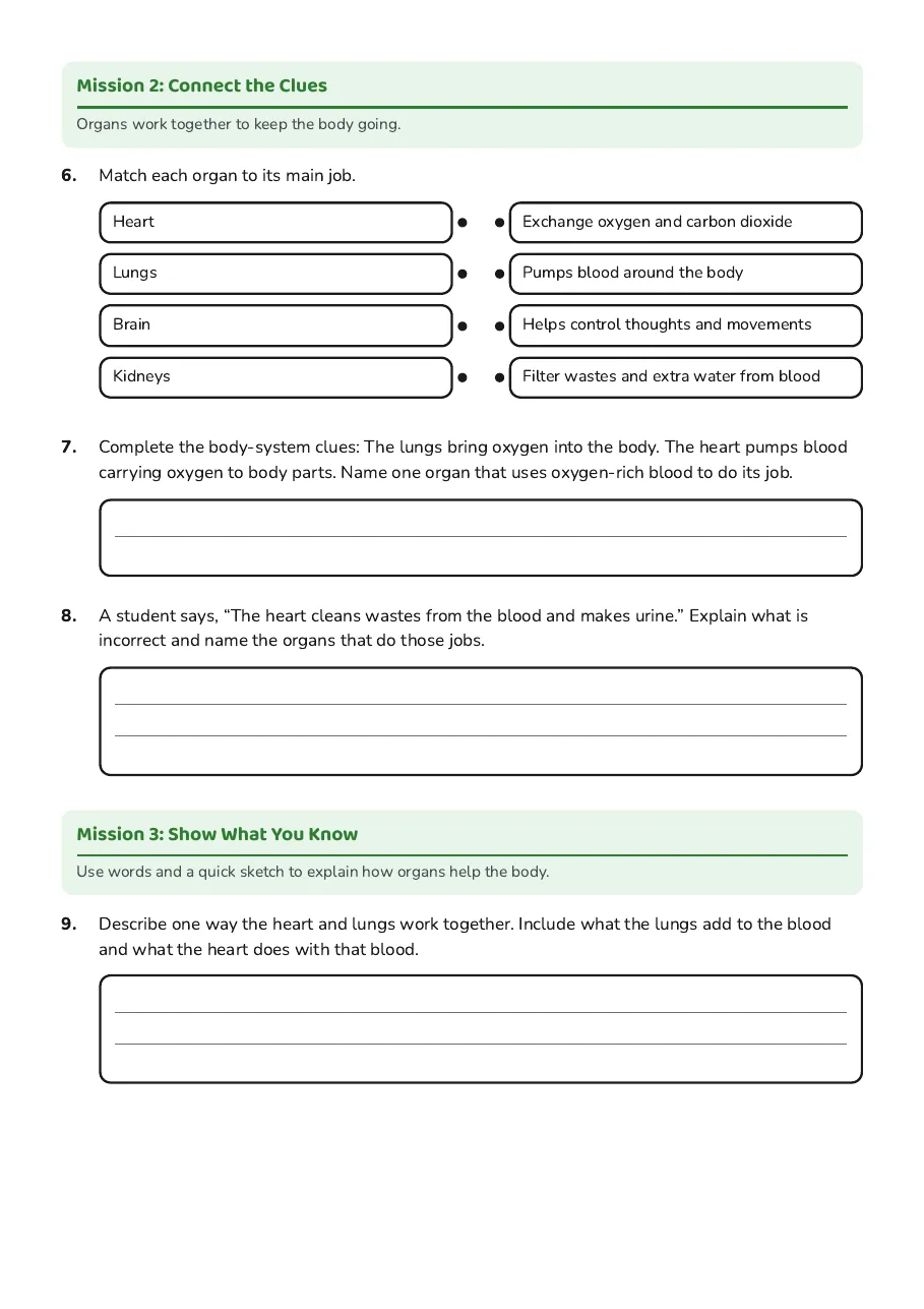 Human Organs Check, page 2 of 3: Mission 2: Connect the Clues, Mission 3: Show What You Know