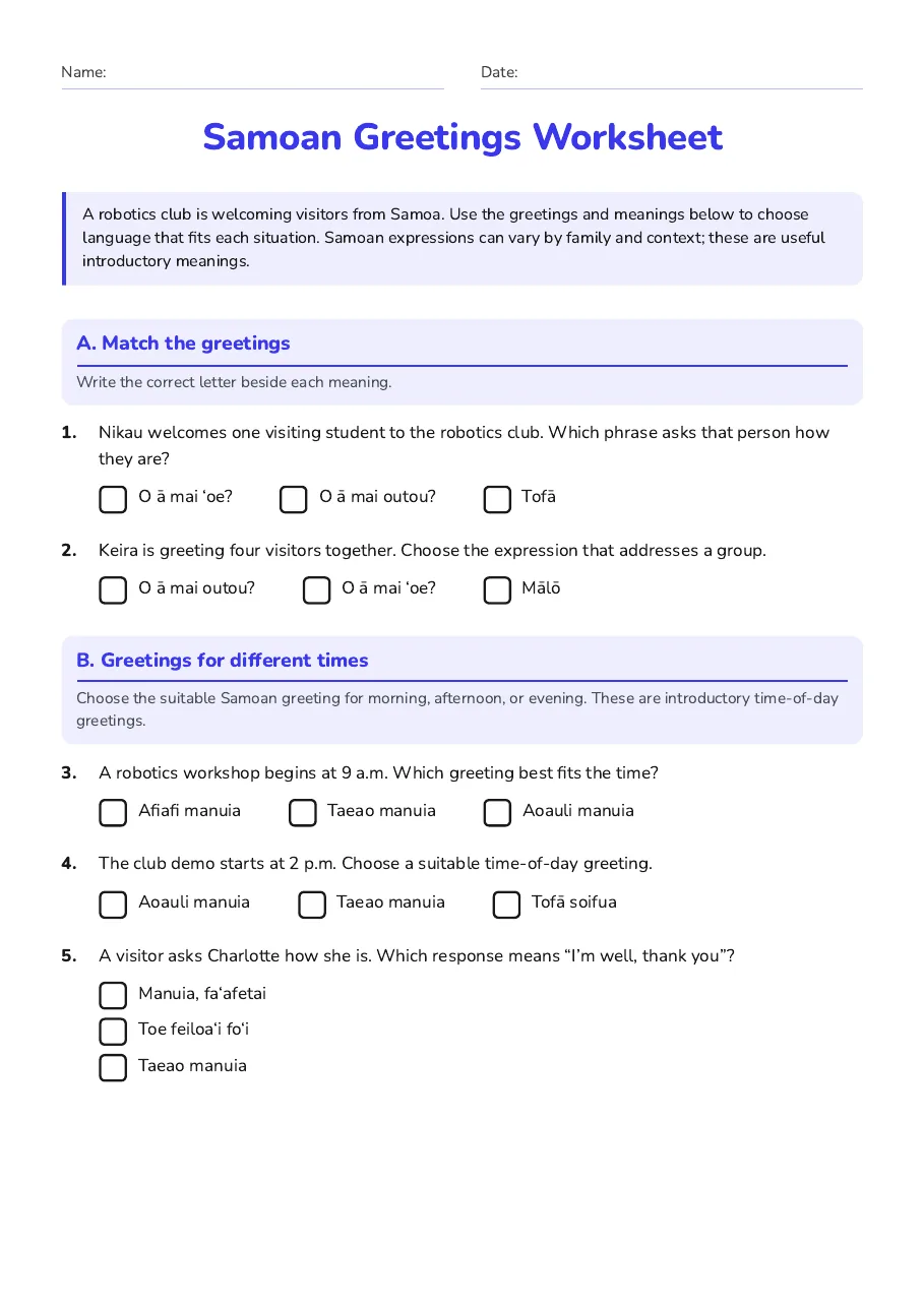 Samoan Greetings Worksheet, page 1 of 2: A. Match the greetings, B. Greetings for different times
