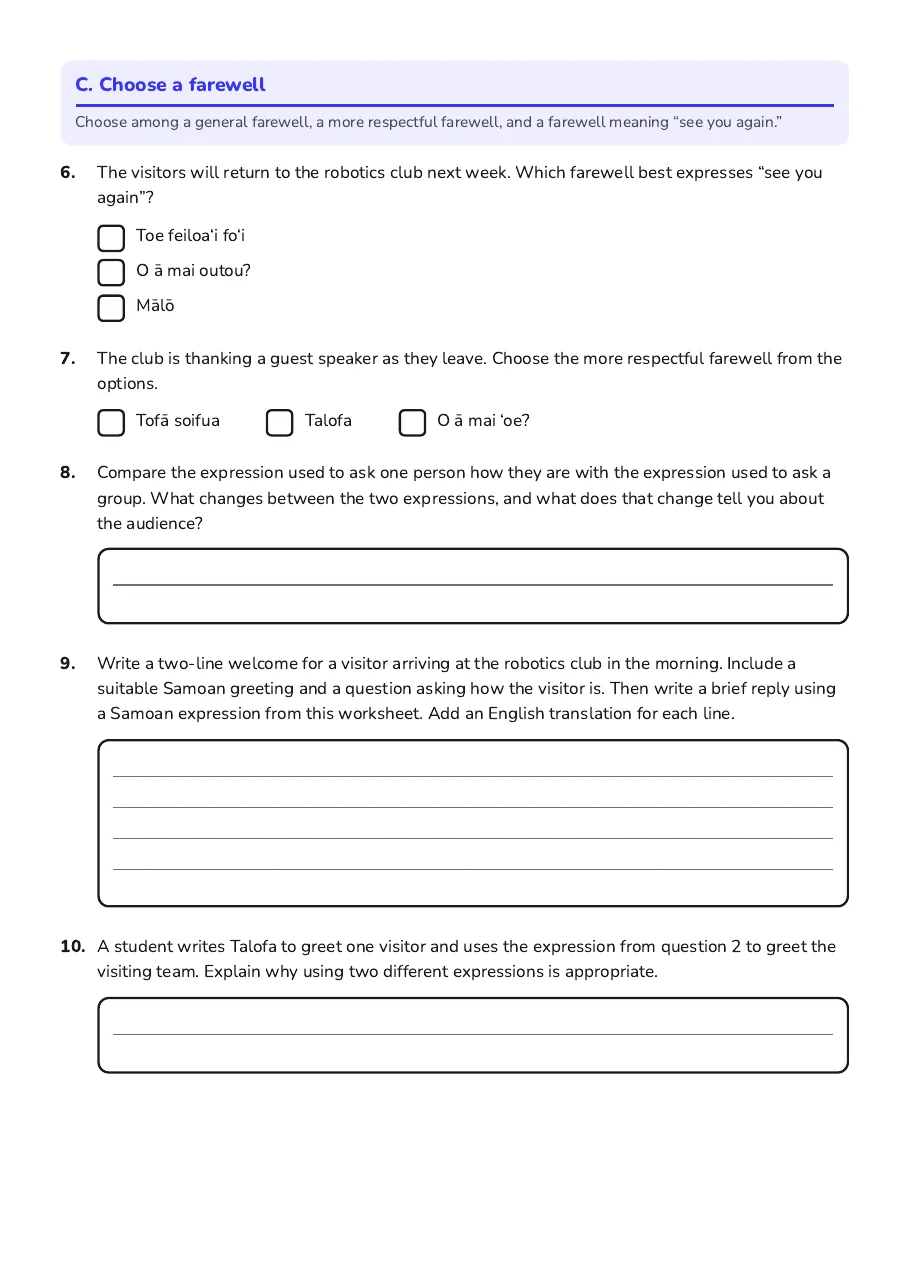 Samoan Greetings Worksheet, page 2 of 2: C. Choose a farewell