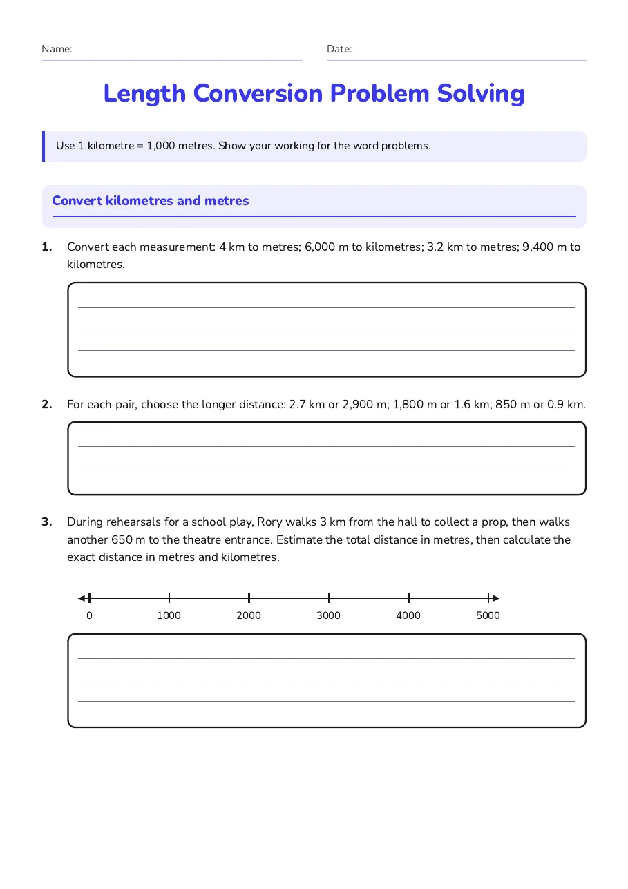 Length Conversion Problem Solving, page 1 of 3: Convert kilometres and metres