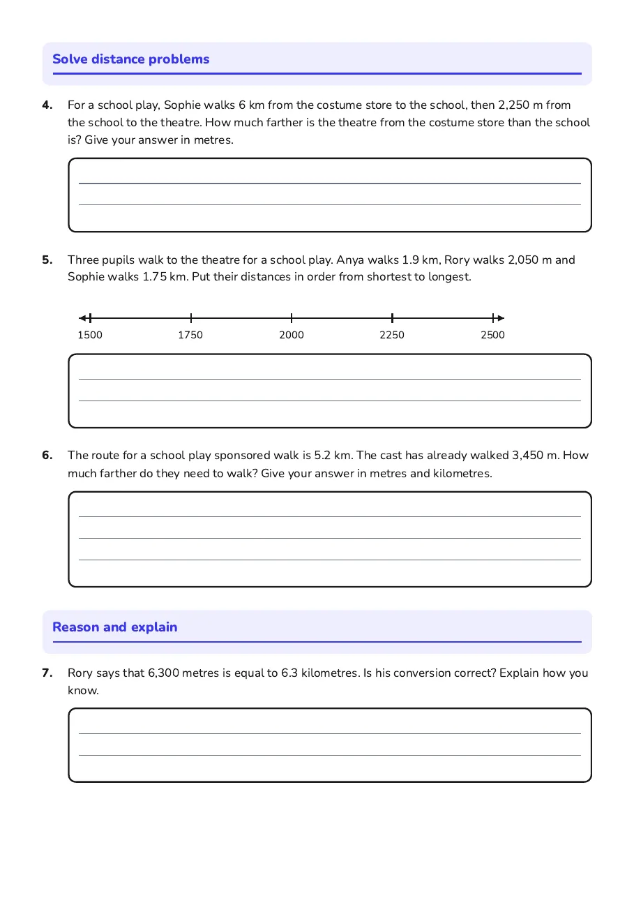 Length Conversion Problem Solving, page 2 of 3: Solve distance problems, Reason and explain