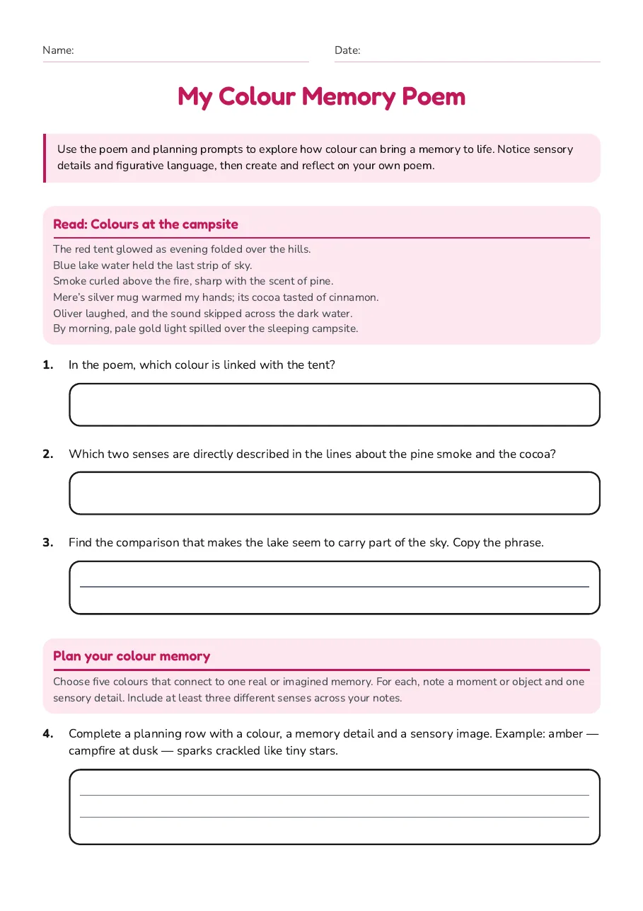 My Colour Memory Poem, page 1 of 2: Read: Colours at the campsite, Plan your colour memory