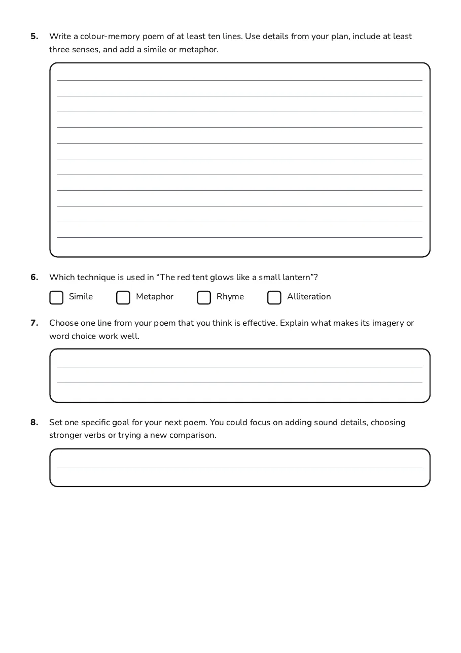 My Colour Memory Poem, page 2 of 2: 5. Write a colour-memory poem of at least ten lines. Use details from your plan, include…