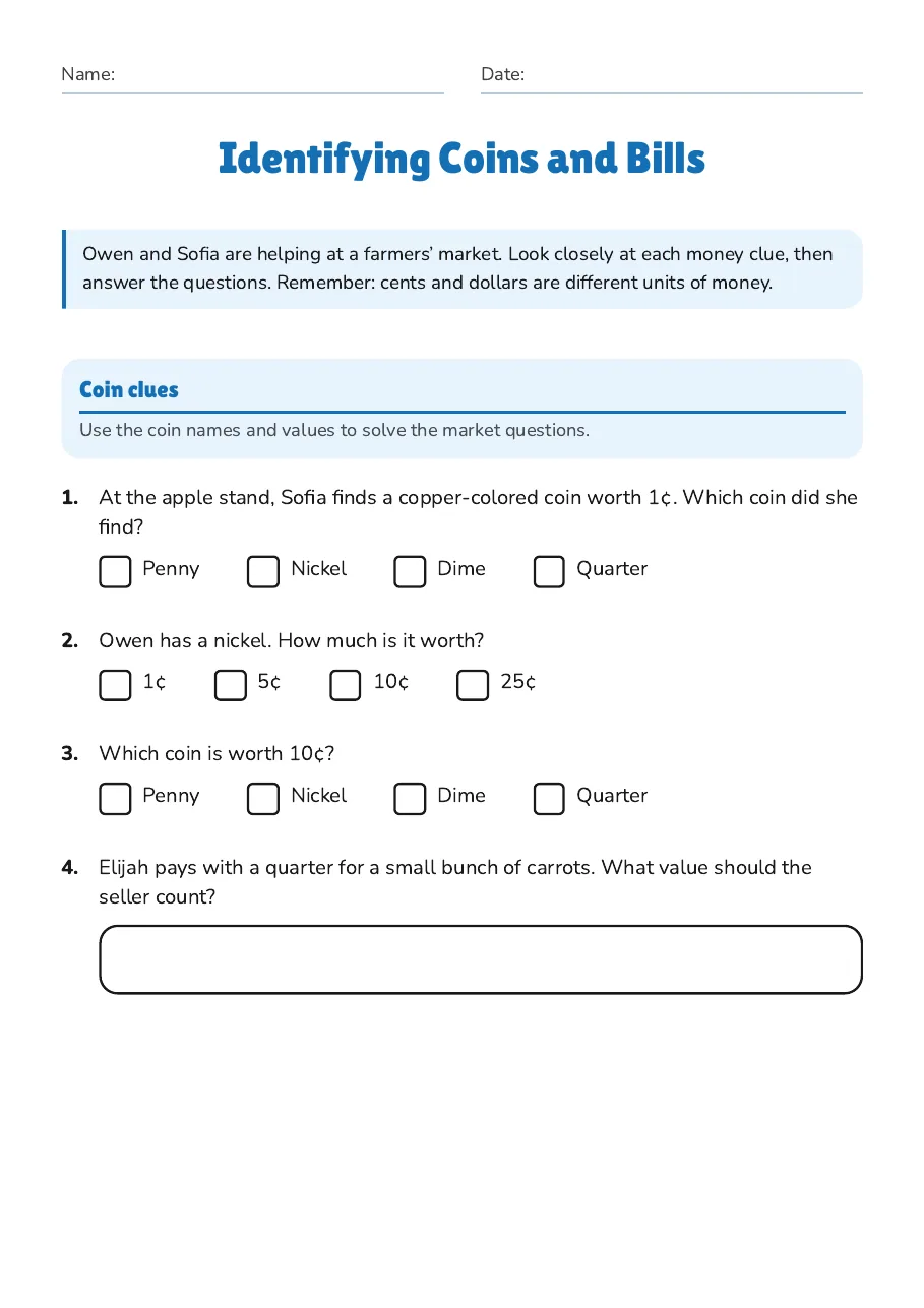 Identifying Coins and Bills, page 1 of 3: Coin clues