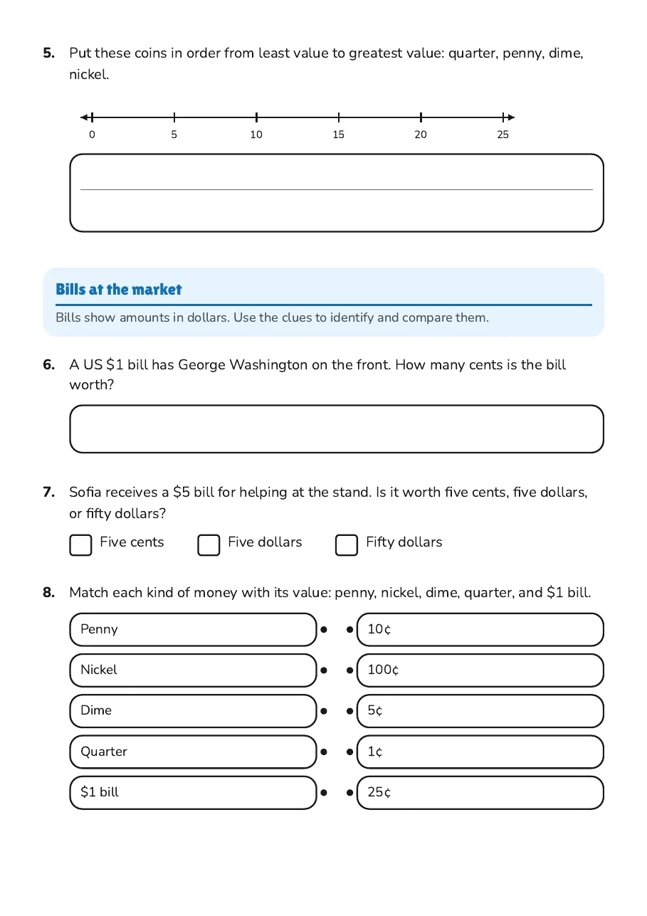 Identifying Coins and Bills, page 2 of 3: Bills at the market