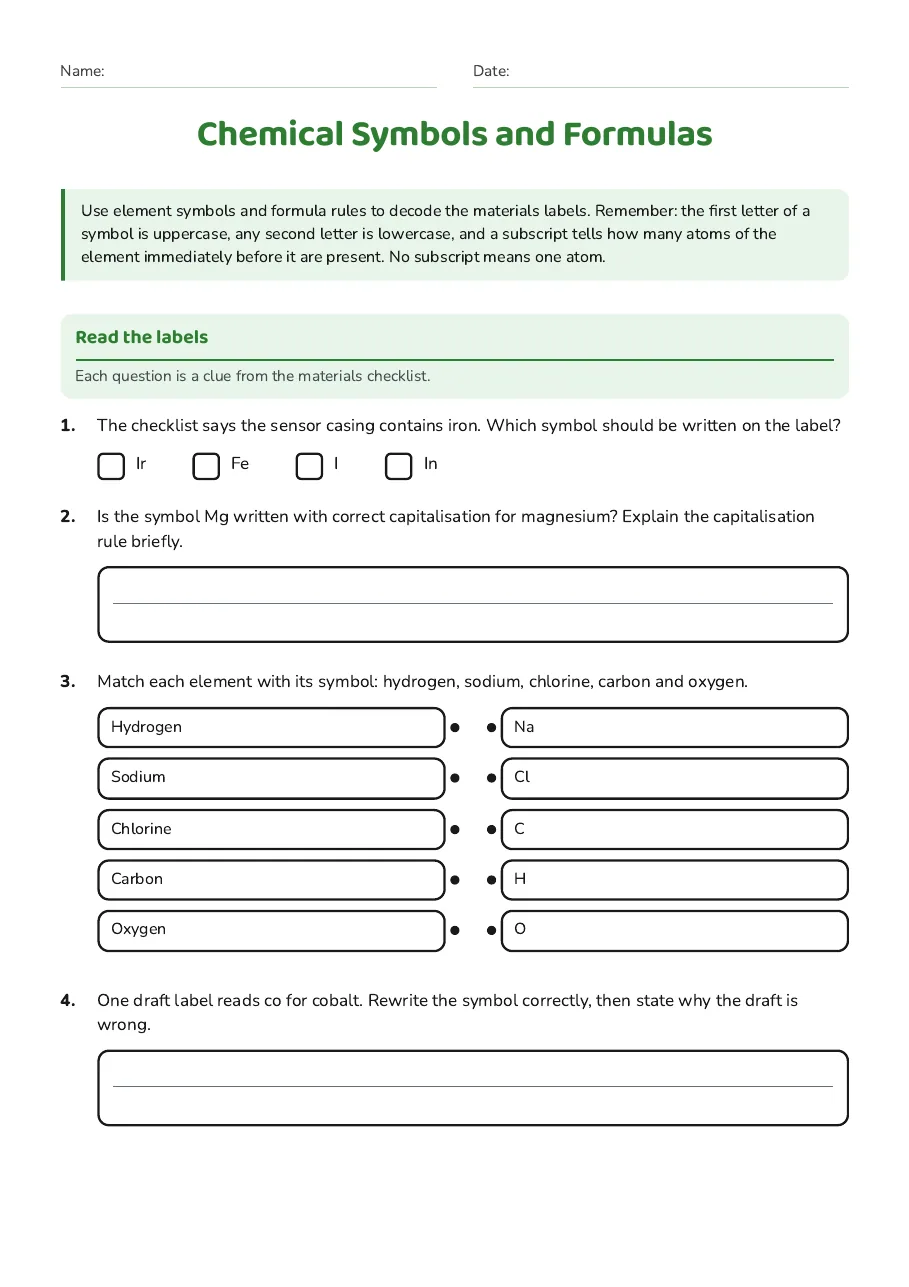 Chemical Symbols and Formulas, page 1 of 3: Read the labels
