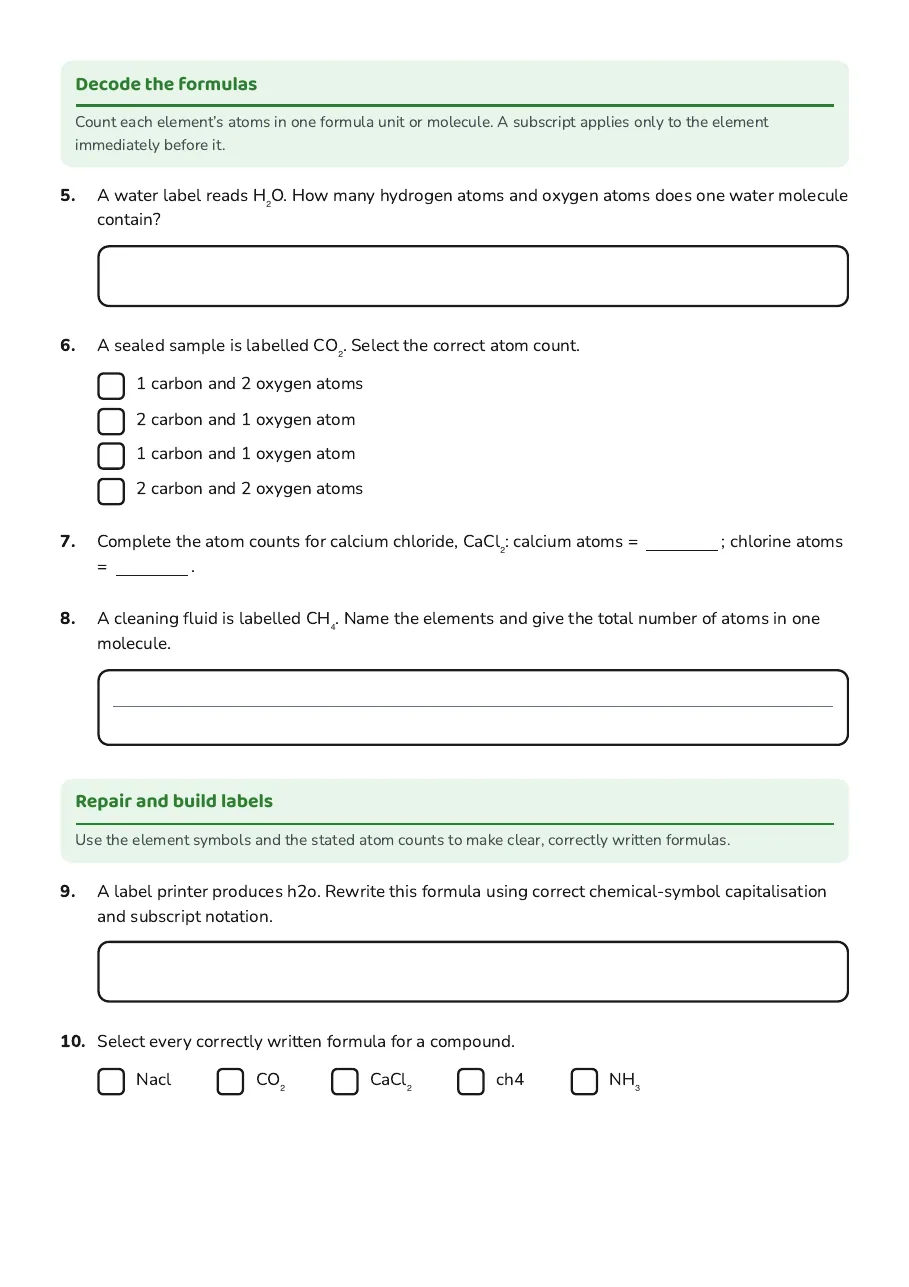 Chemical Symbols and Formulas, page 2 of 3: Decode the formulas, Repair and build labels