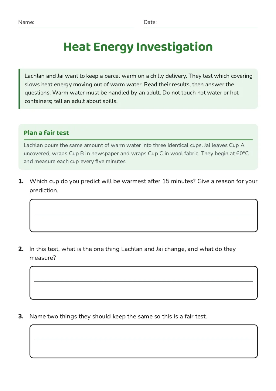 Heat Energy Investigation, page 1 of 3: Plan a fair test