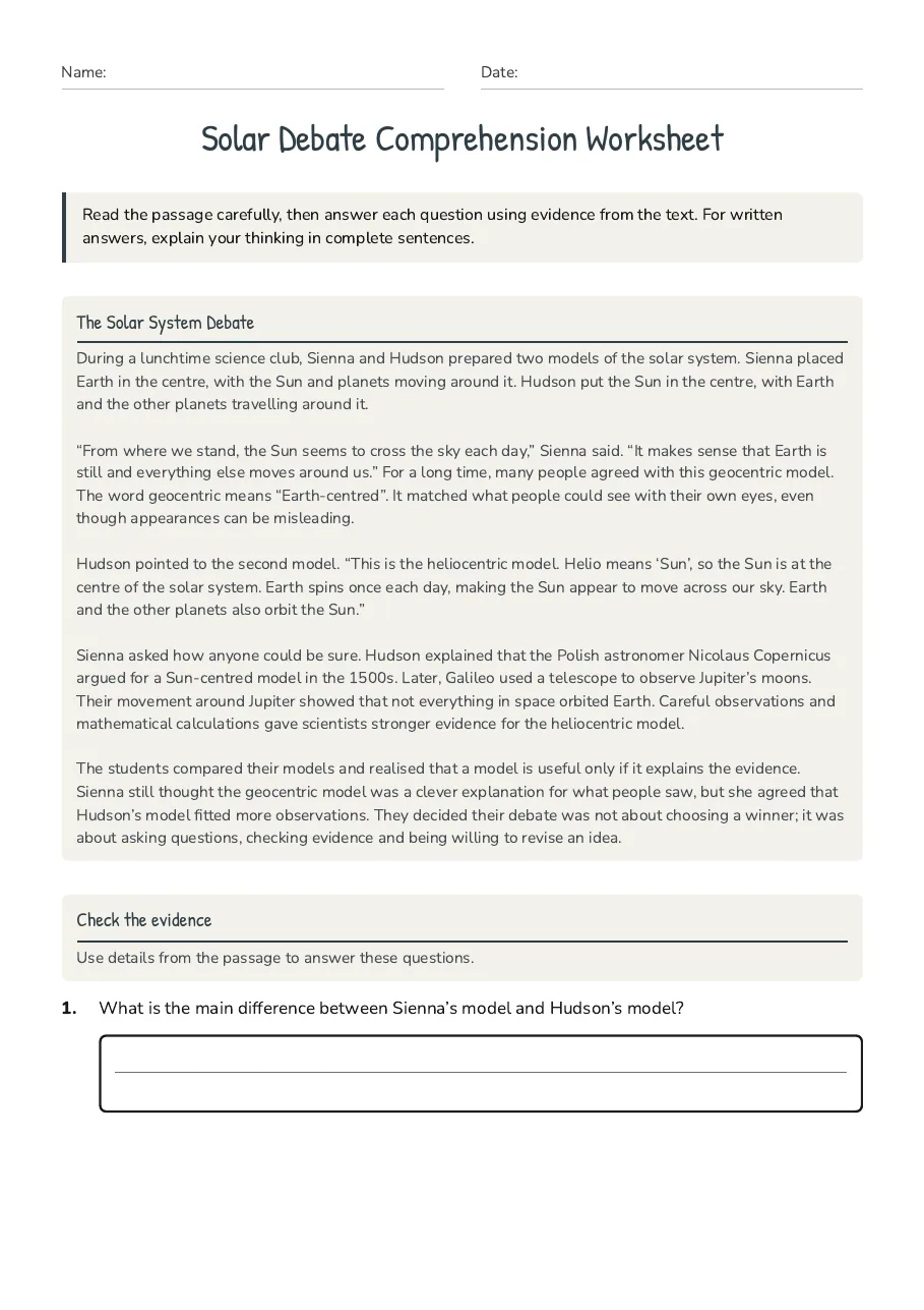 Solar Debate Comprehension Worksheet, page 1 of 3: The Solar System Debate, Check the evidence