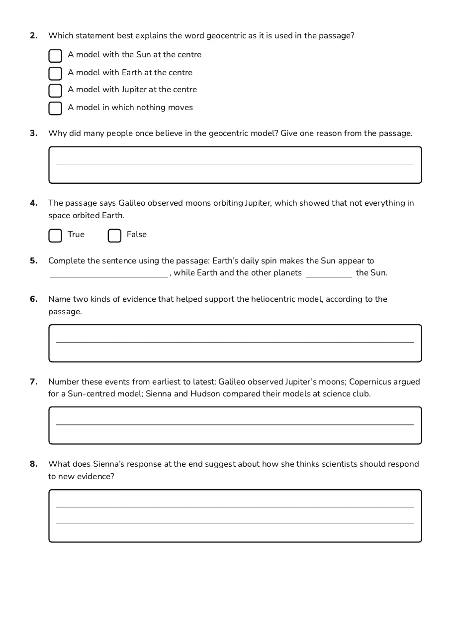Solar Debate Comprehension Worksheet, page 2 of 3: 2. Which statement best explains the word geocentric as it is used in the passage?