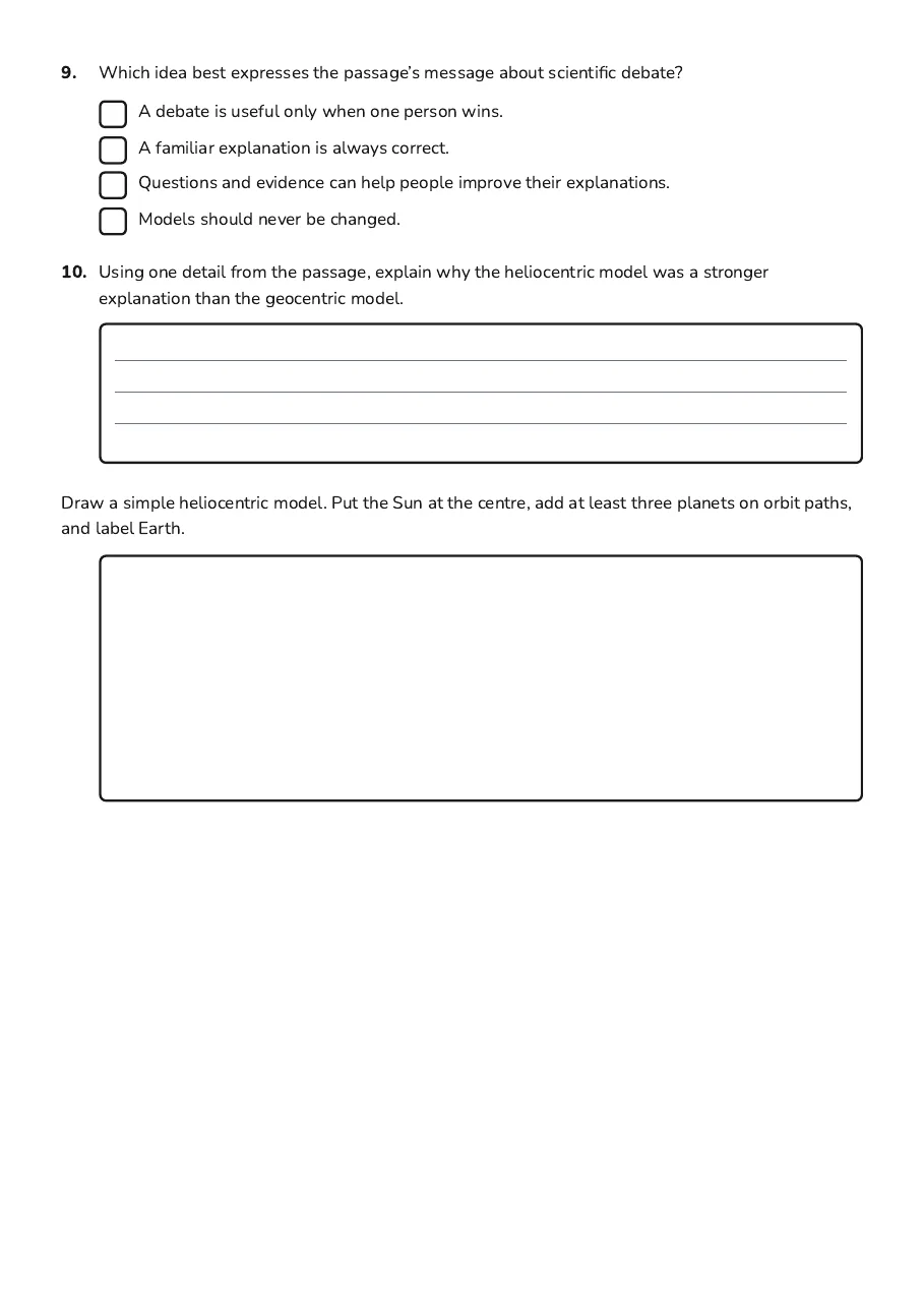 Solar Debate Comprehension Worksheet, page 3 of 3: 9. Which idea best expresses the passage’s message about scientific debate?