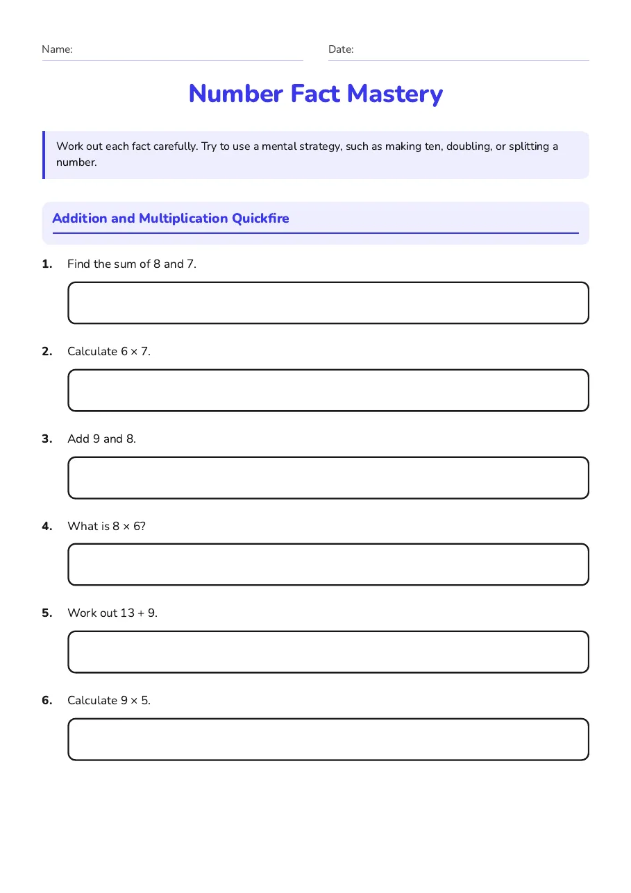Number Fact Mastery, page 1 of 3: Addition and Multiplication Quickfire