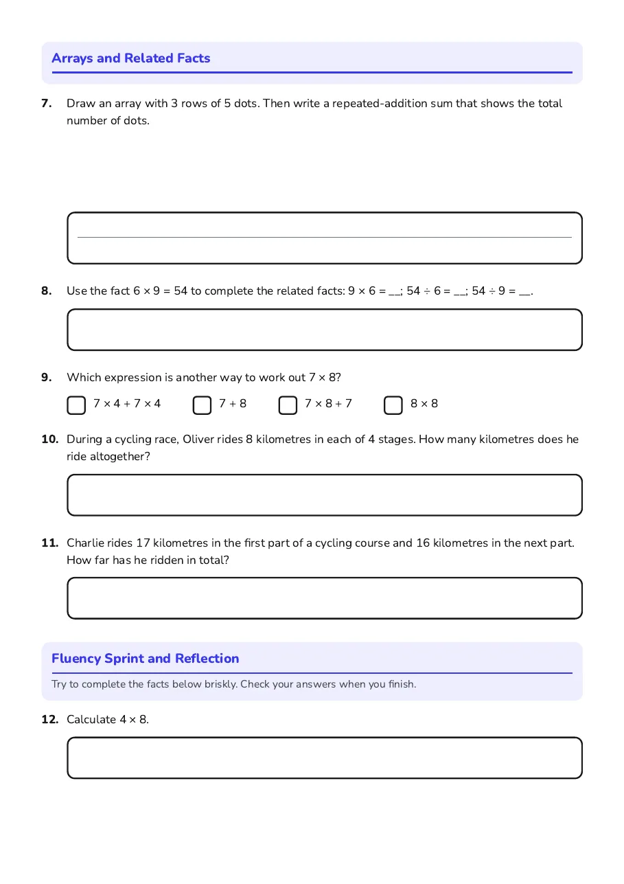 Number Fact Mastery, page 2 of 3: Arrays and Related Facts, Fluency Sprint and Reflection