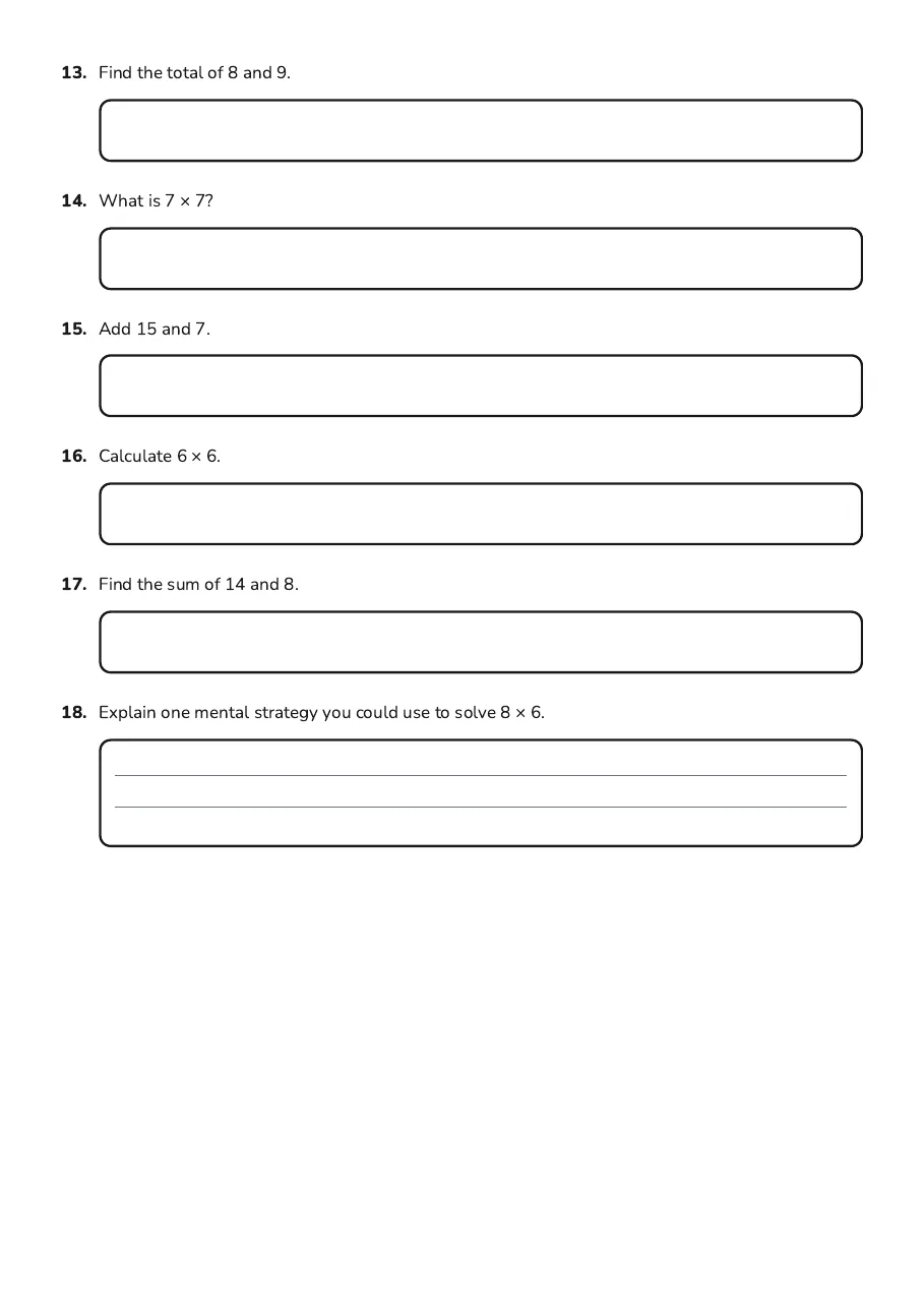 Number Fact Mastery, page 3 of 3: 13. Find the total of 8 and 9.