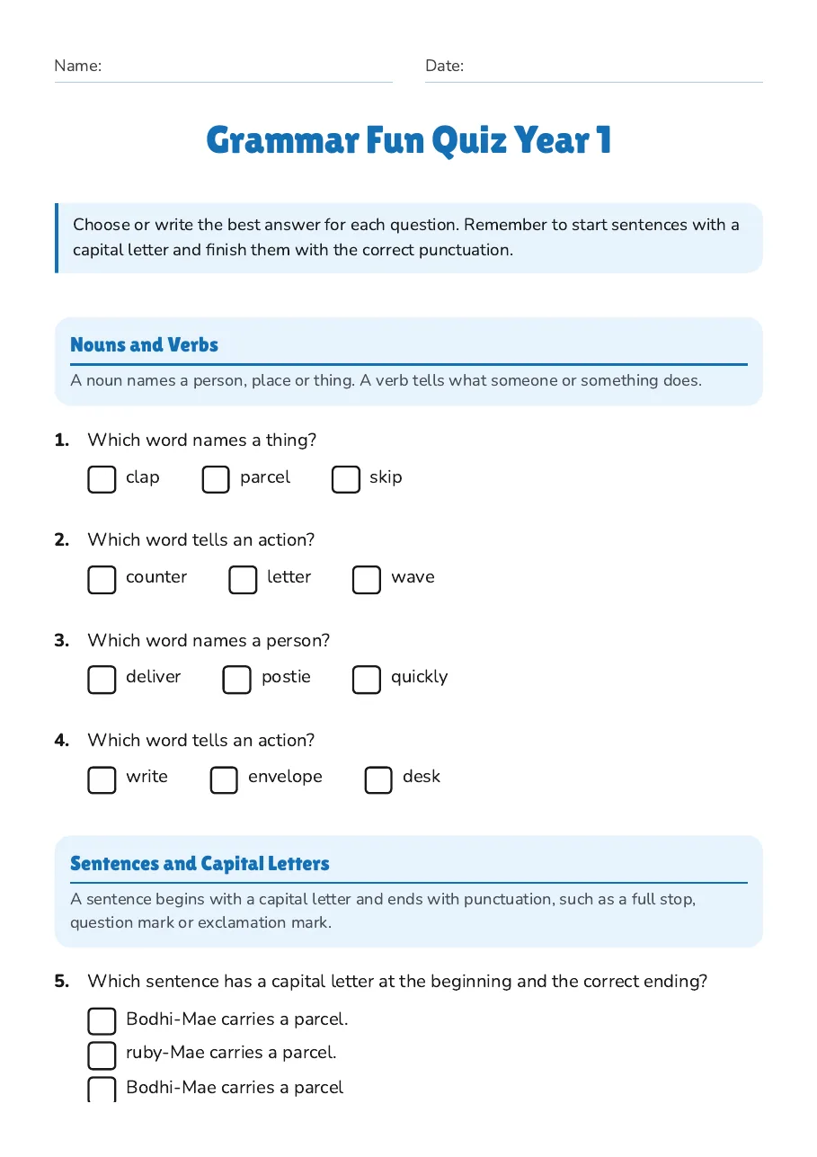 Grammar Fun Quiz Year 1, page 1 of 3: Nouns and Verbs, Sentences and Capital Letters