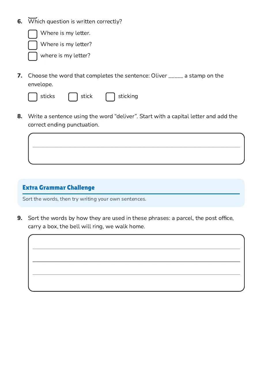 Grammar Fun Quiz Year 1, page 2 of 3: Extra Grammar Challenge