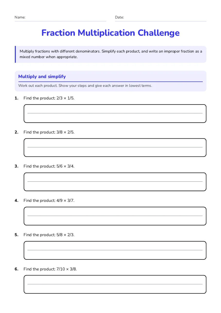 Fraction Multiplication Challenge, page 1 of 2: Multiply and simplify