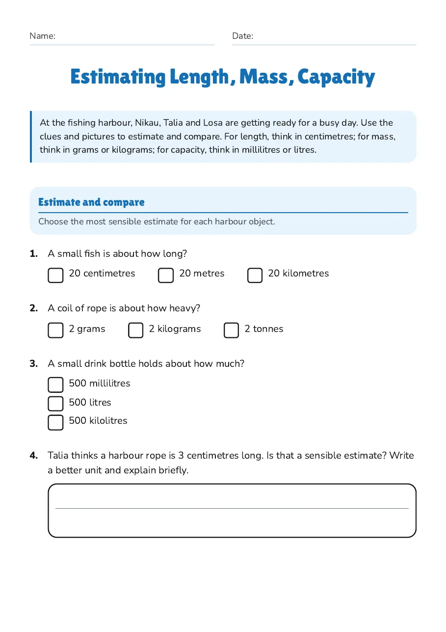 Estimating Length, Mass, Capacity, page 1 of 3: Estimate and compare