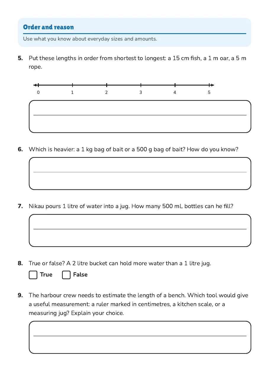 Estimating Length, Mass, Capacity, page 2 of 3: Order and reason