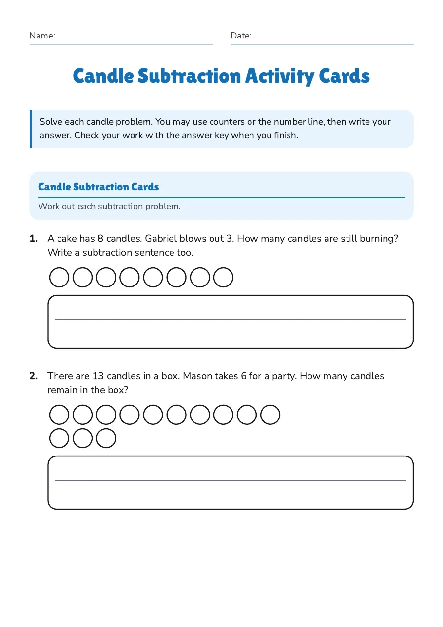 Candle Subtraction Activity Cards, page 1 of 4: Candle Subtraction Cards