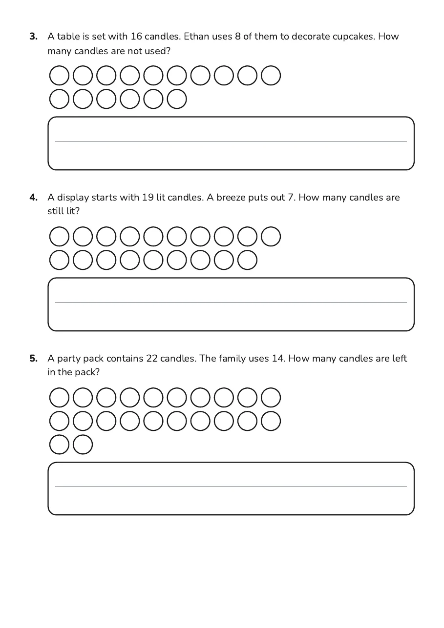 Candle Subtraction Activity Cards, page 2 of 4: 3. A table is set with 16 candles. Ethan uses 8 of them to decorate cupcakes. How