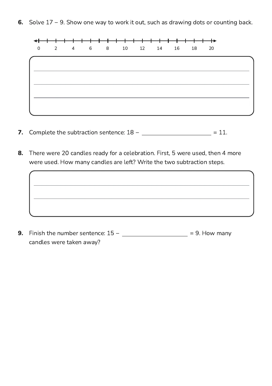 Candle Subtraction Activity Cards, page 3 of 4: 6. Solve 17 − 9. Show one way to work it out, such as drawing dots or counting back.