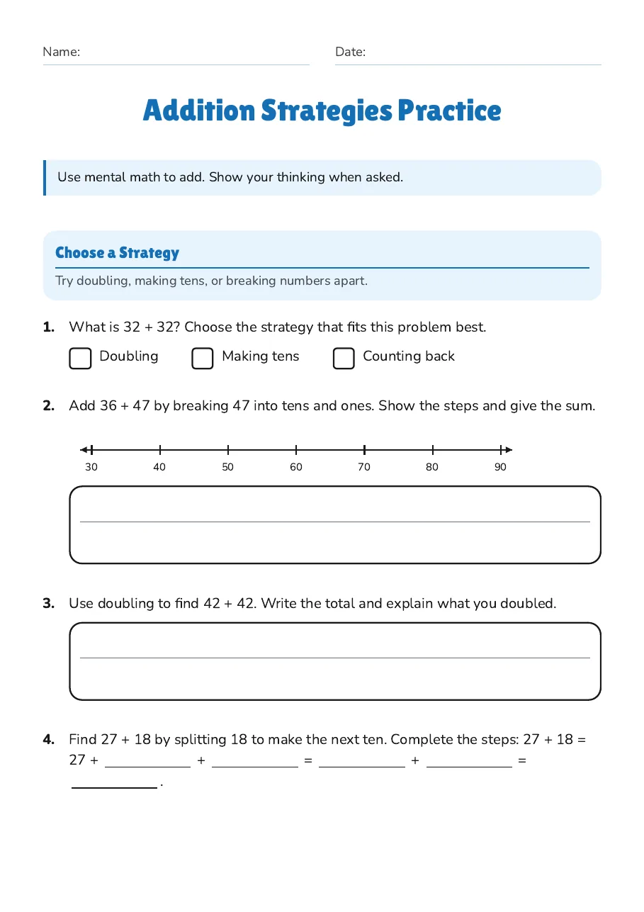 Addition Strategies Practice, page 1 of 3: Choose a Strategy