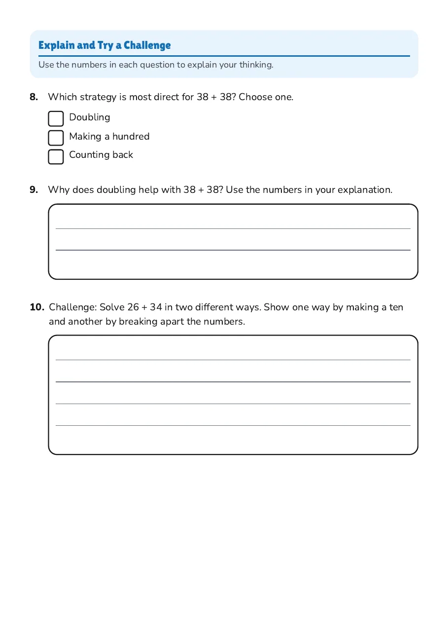 Addition Strategies Practice, page 3 of 3: Explain and Try a Challenge