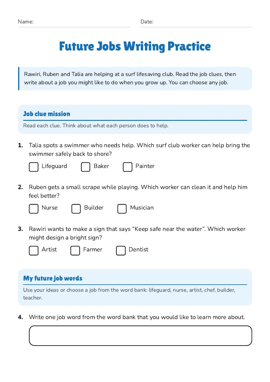 Future Jobs Writing Practice, page 1 of 2: Job clue mission, My future job words