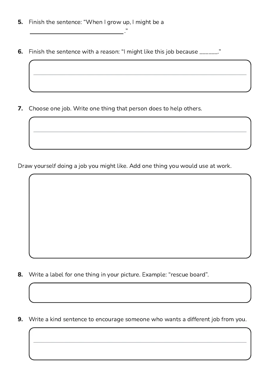 Future Jobs Writing Practice, page 2 of 2: 5. Finish the sentence: “When I grow up, I might be a