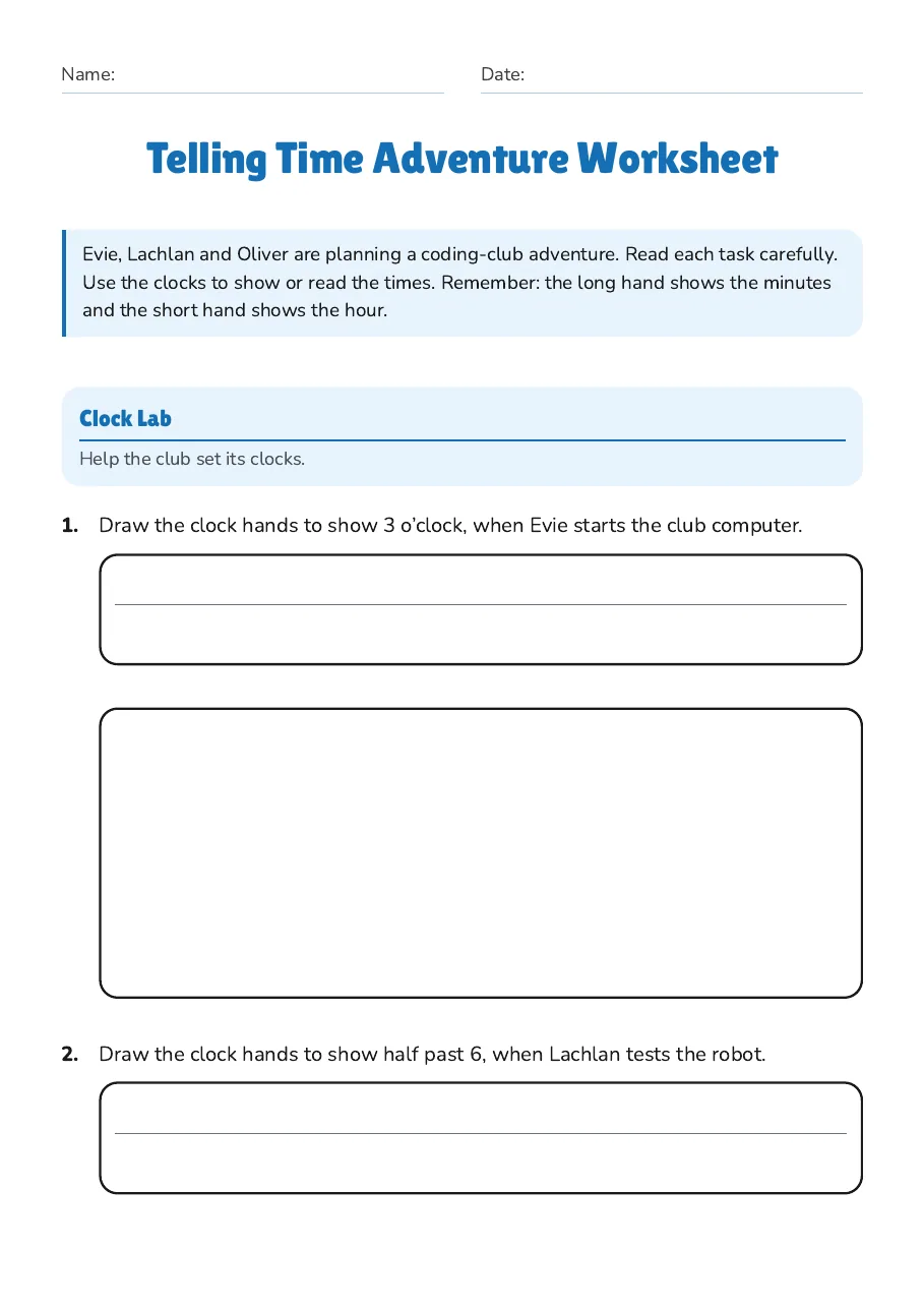 Telling Time Adventure Worksheet, page 1 of 3: Clock Lab