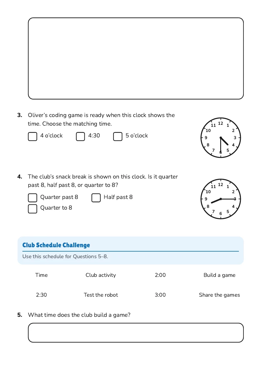 Telling Time Adventure Worksheet, page 2 of 3: Club Schedule Challenge