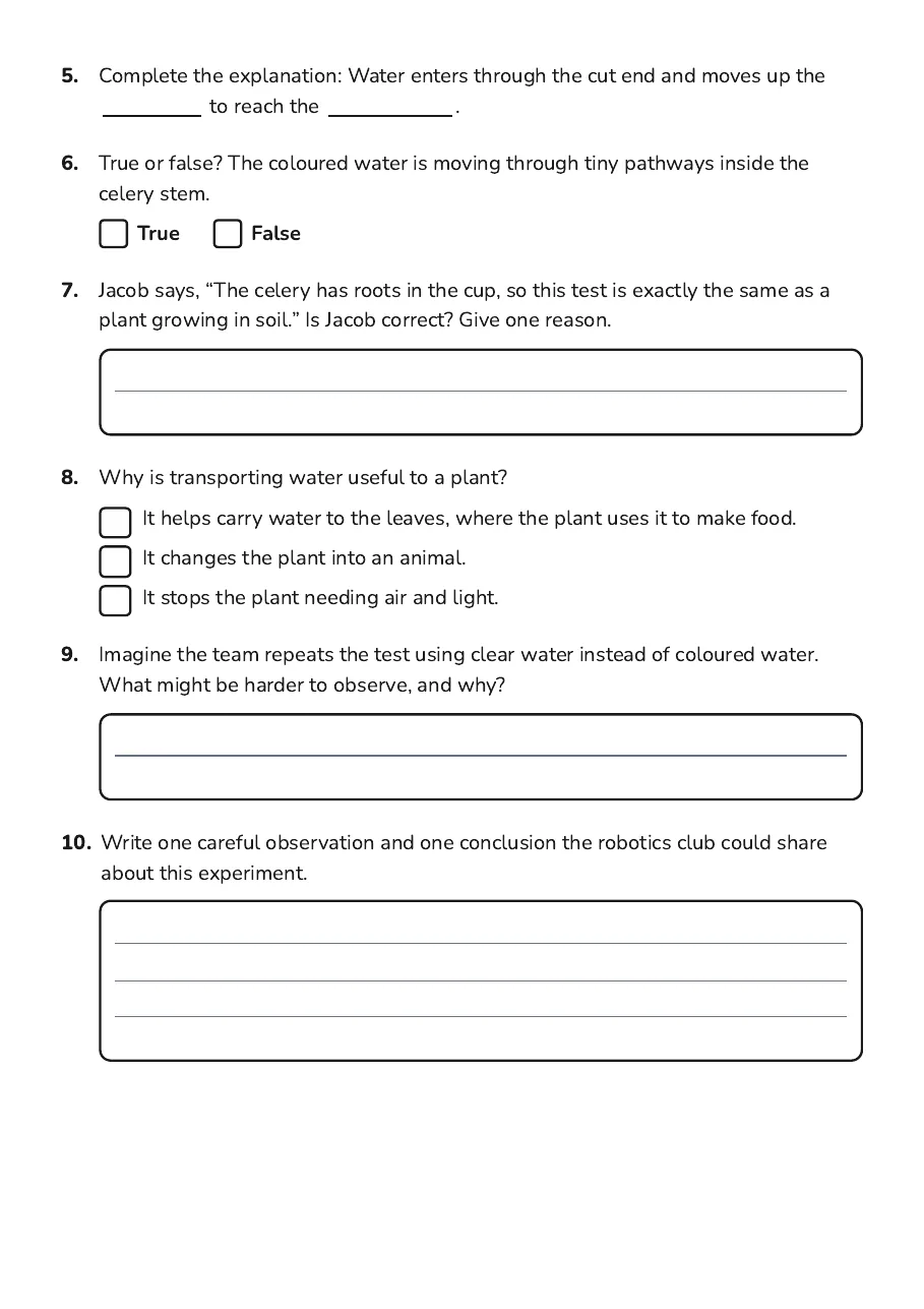 Water Transport Experiment, page 2 of 2: 5. Complete the explanation: Water enters through the cut end and moves up the