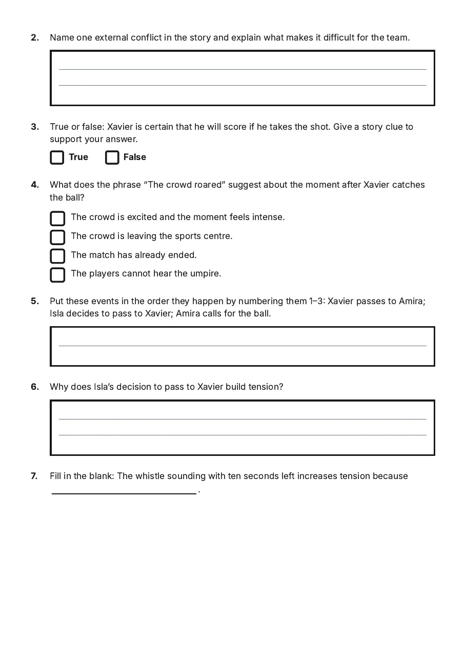 Character Conflicts and Tension, page 2 of 3: 2. Name one external conflict in the story and explain what makes it difficult for the…