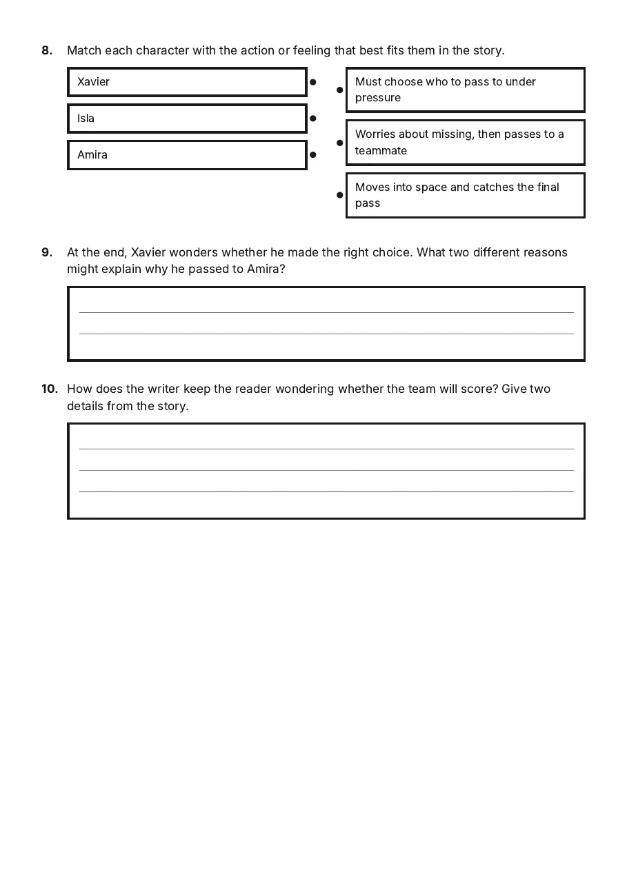 Character Conflicts and Tension, page 3 of 3: 8. Match each character with the action or feeling that best fits them in the story.