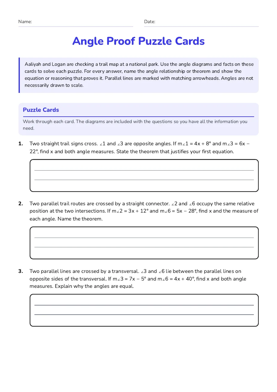 Angle Proof Puzzle Cards, page 1 of 3: Puzzle Cards
