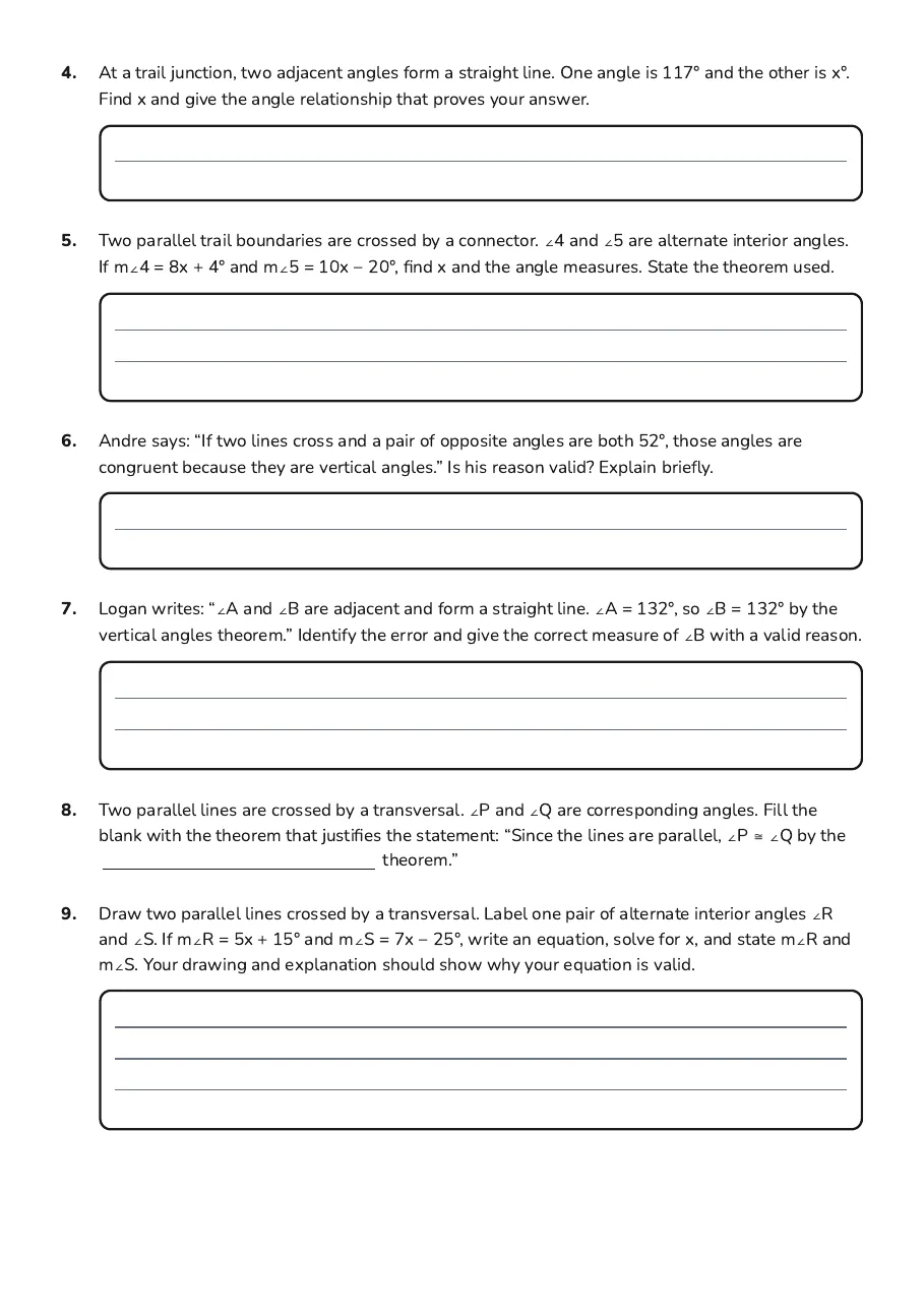 Angle Proof Puzzle Cards, page 2 of 3: 4. At a trail junction, two adjacent angles form a straight line. One angle is 117° and…