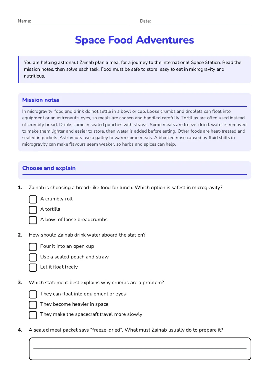 Space Food Adventures, page 1 of 2: Mission notes, Choose and explain