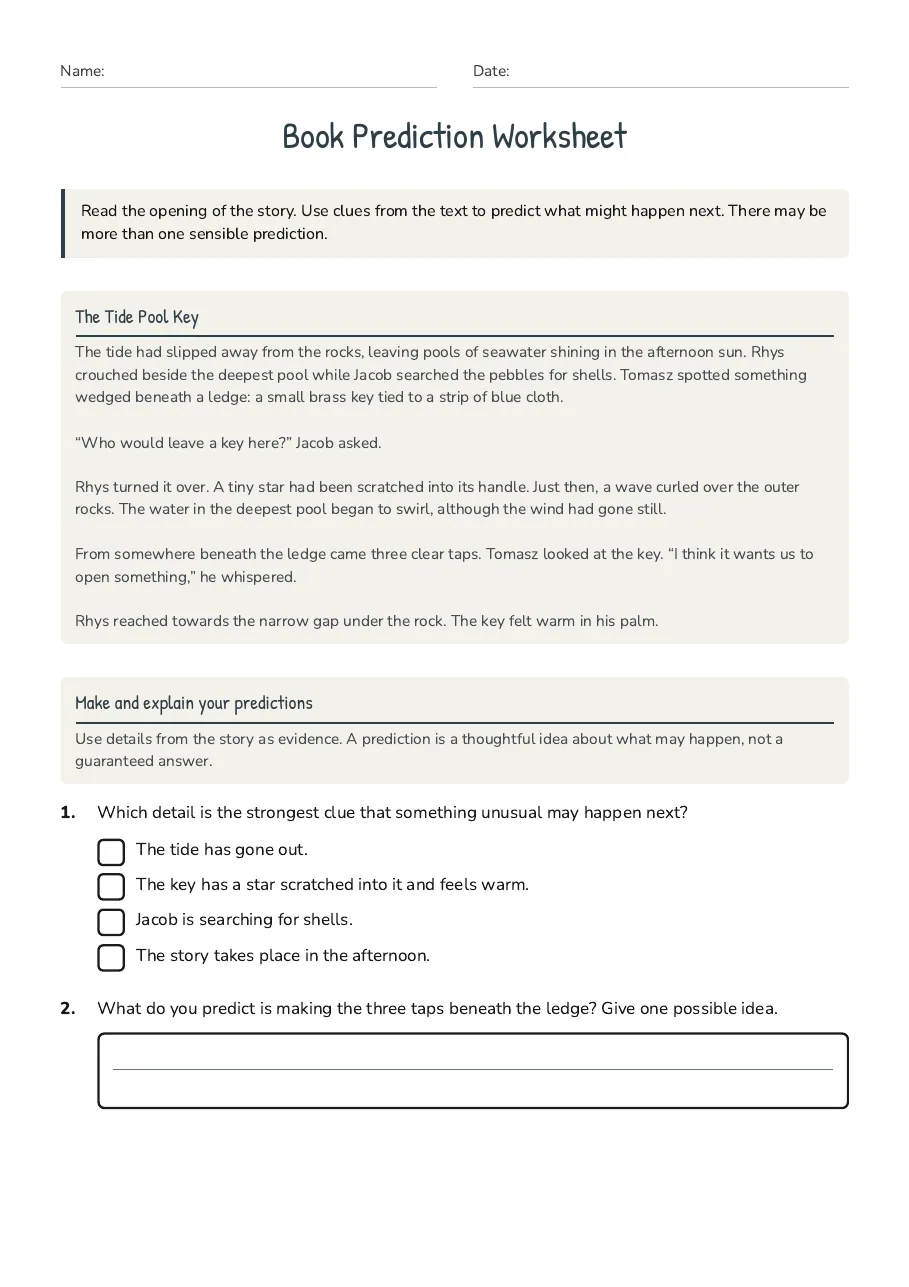 Book Prediction Worksheet, page 1 of 2: The Tide Pool Key, Make and explain your predictions