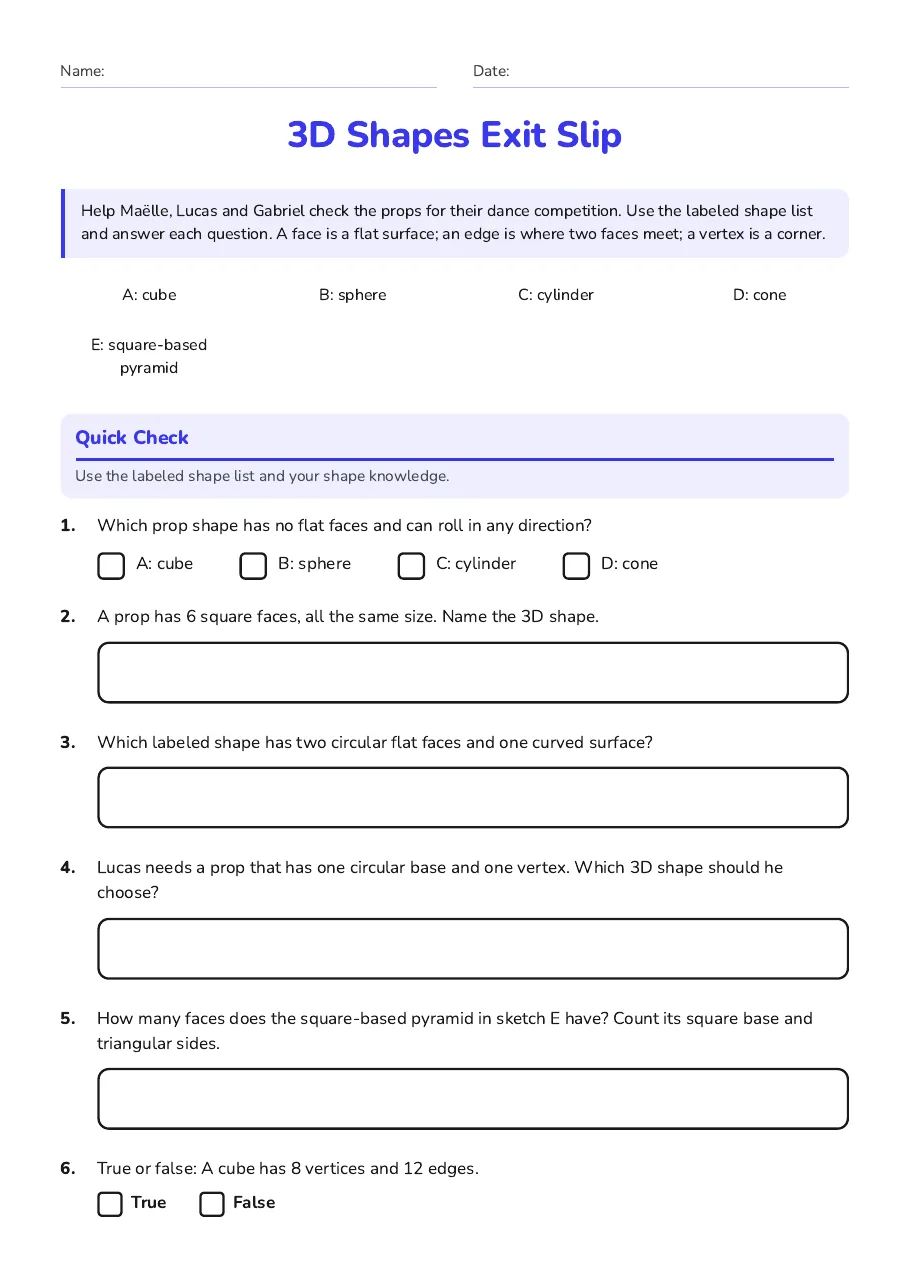 3D Shapes Exit Slip, page 1 of 2: Quick Check