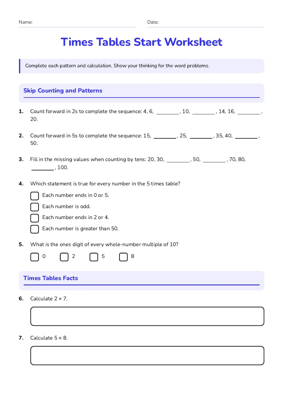 Times Tables Start Worksheet, page 1 of 3: Skip Counting and Patterns, Times Tables Facts