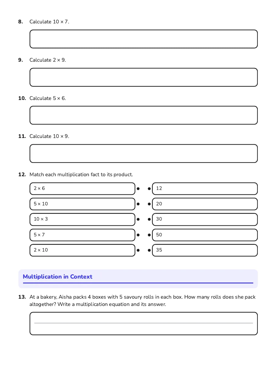 Times Tables Start Worksheet, page 2 of 3: Multiplication in Context