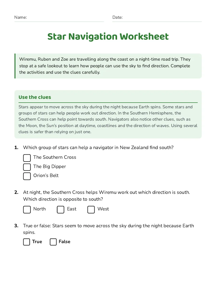 Star Navigation Worksheet, page 1 of 3: Use the clues