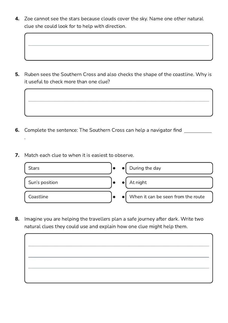 Star Navigation Worksheet, page 2 of 3: 4. Zoe cannot see the stars because clouds cover the sky. Name one other natural