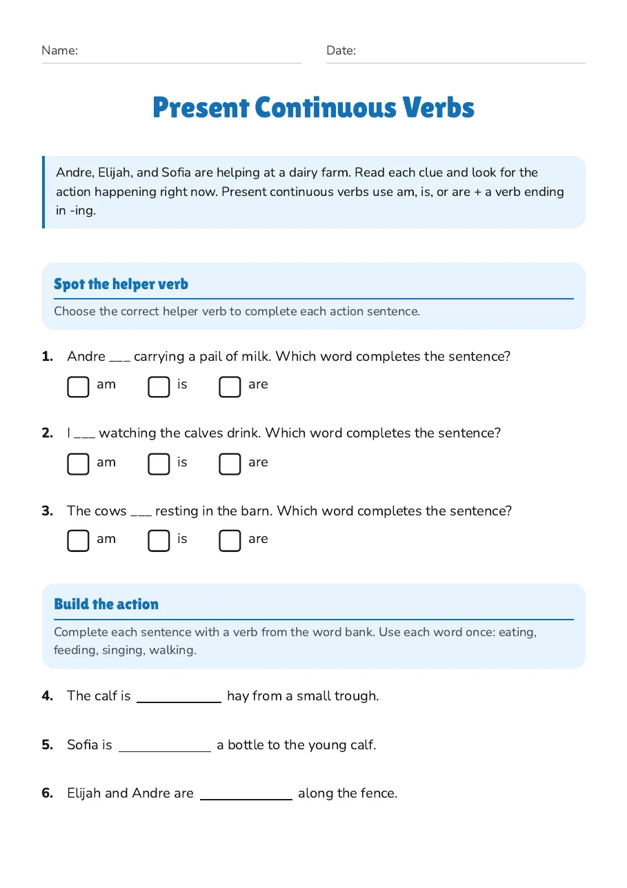 Present Continuous Verbs, page 1 of 2: Spot the helper verb, Build the action