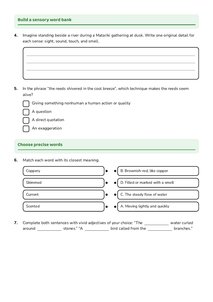 Sensory language prompts and word matching help students build a riverbank vocabulary.