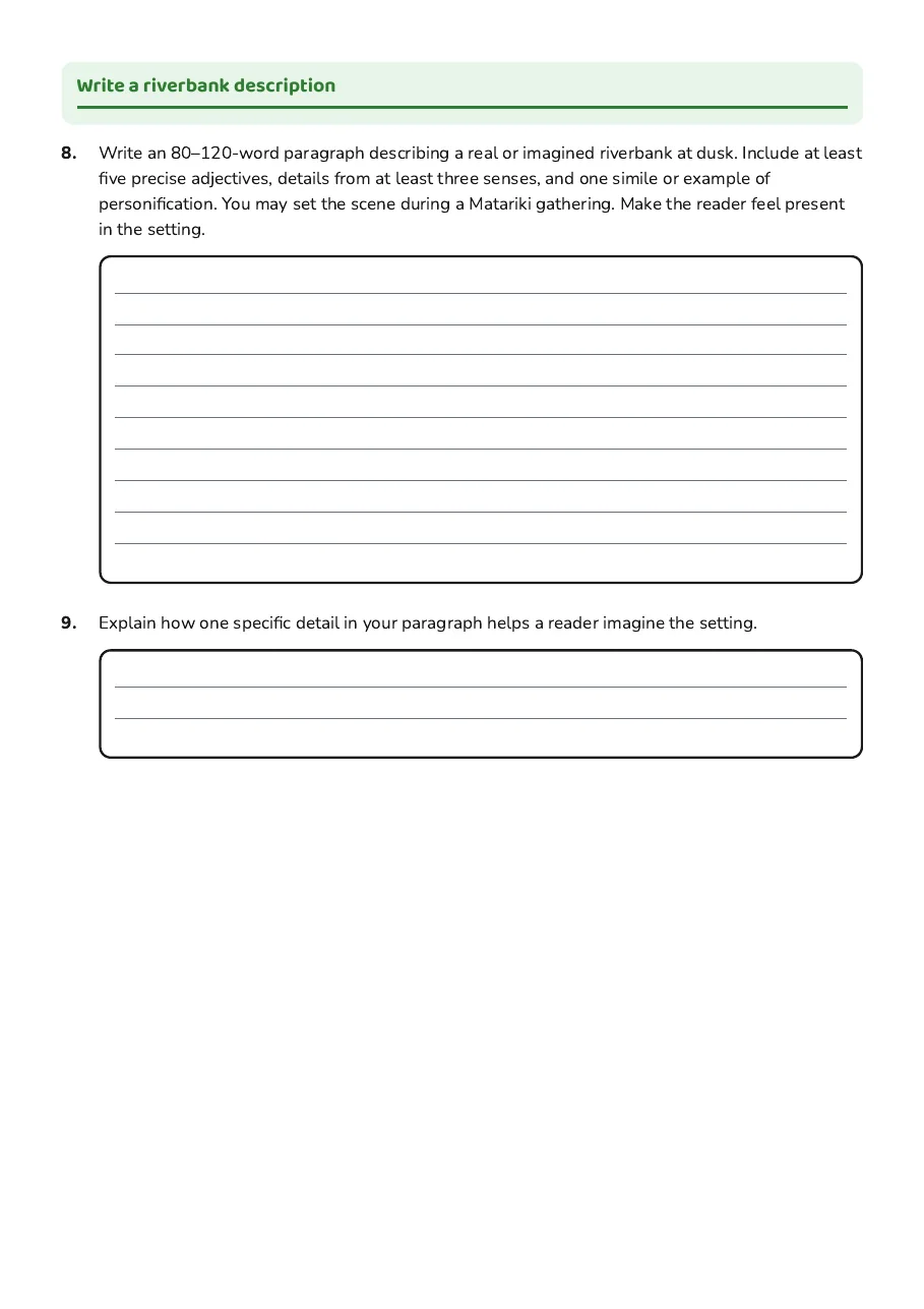 Students practise precise adjectives and write an original descriptive paragraph about a riverbank setting.