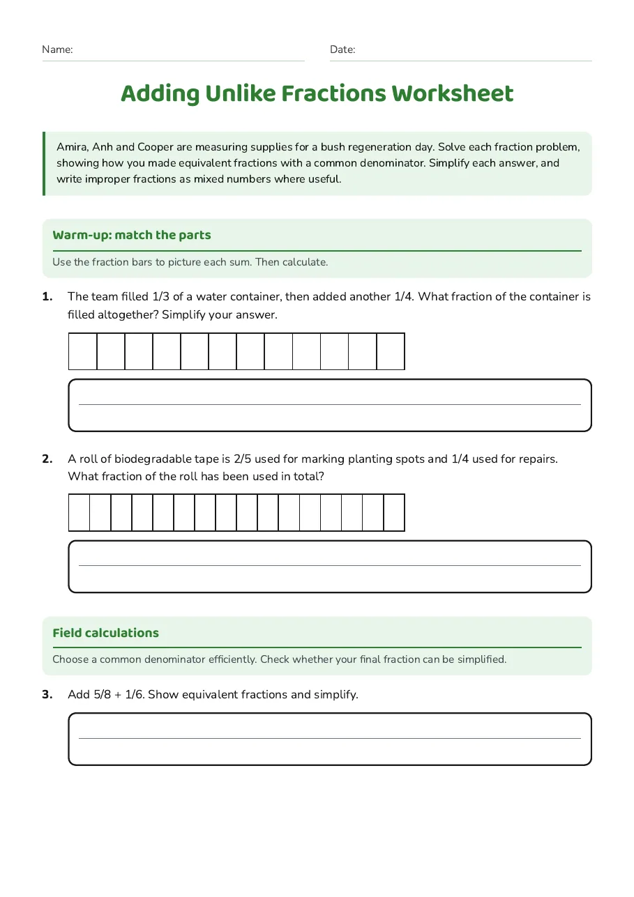 Adding Unlike Fractions Worksheet, page 1 of 3: Warm-up: match the parts, Field calculations