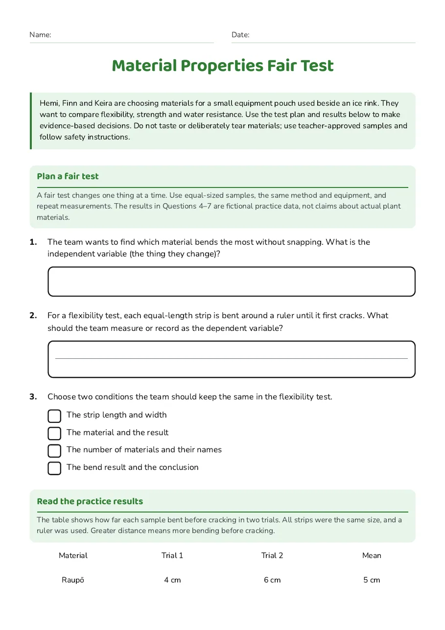 Material Properties Fair Test, page 1 of 3: Plan a fair test, Read the practice results